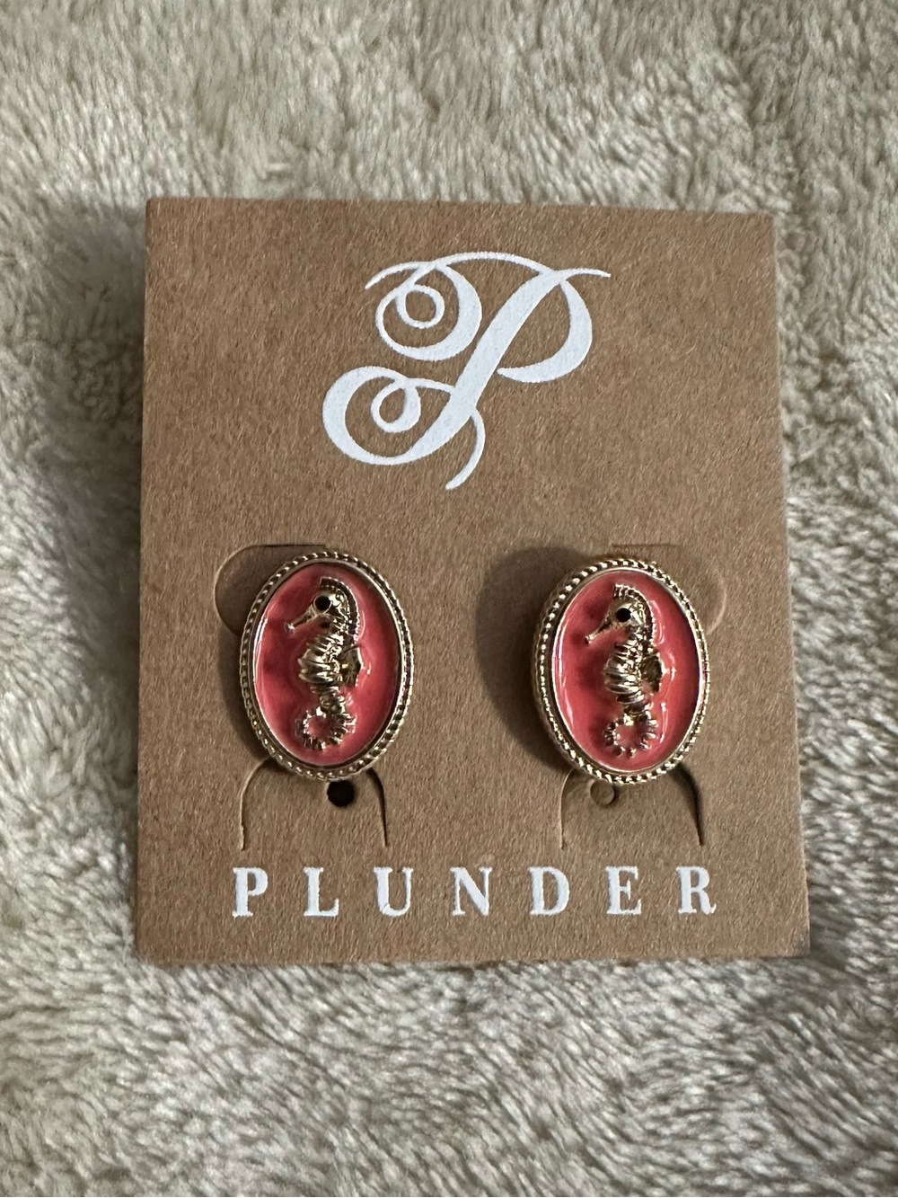 Plunder Gold Tone Seahorse Oval Stud Earrings with Coral Enamel - Picture 1 of 3